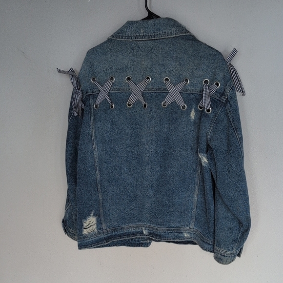 Zara Blue Denim Distressed Jeans Jacket with Lace-Up Details. Size Medium - Picture 7 of 10